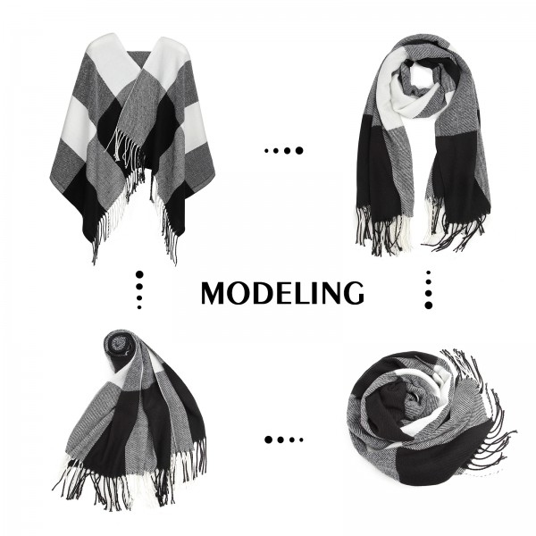 S6430 - Women Fashion Long Shawl Grid Tassel Winter Warm Lattice Large Scarf - Black
