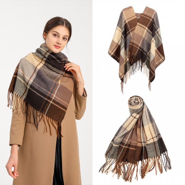 S6430 - Women Fashion Long Shawl Grid Tassel Winter Warm Lattice Large Scarf - Brown