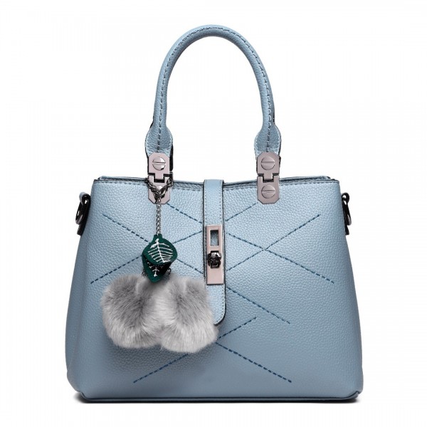 E1751 - Miss Lulu Leather Look Multi Compartment Pom Pom Shoulder Bag - Blue E1751 - Miss Lulu Leather Look Multi Compartment Pom Pom Shoulder Bag - Blue