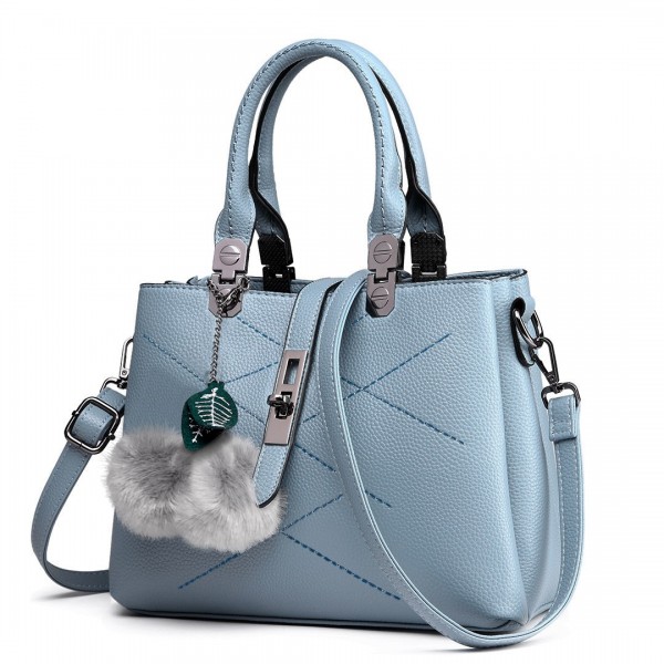E1751 - Miss Lulu Leather Look Multi Compartment Pom Pom Shoulder Bag - Blue E1751 - Miss Lulu Leather Look Multi Compartment Pom Pom Shoulder Bag - Blue