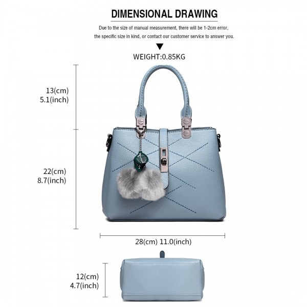 E1751 - Miss Lulu Leather Look Multi Compartment Pom Pom Shoulder Bag - Blue E1751 - Miss Lulu Leather Look Multi Compartment Pom Pom Shoulder Bag - Blue