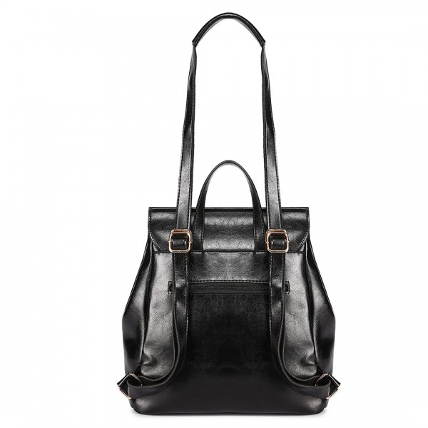 E6833 - MISS LULU Vintage Oil-Wax Faux Leather Backpack - Black