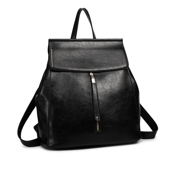 E6833 - MISS LULU Vintage Oil-Wax Faux Leather Backpack - Black