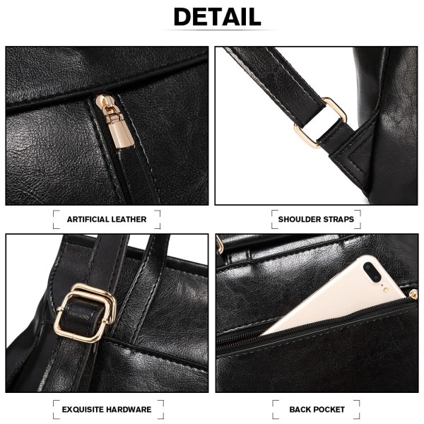 E6833 - MISS LULU Vintage Oil-Wax Faux Leather Backpack - Black