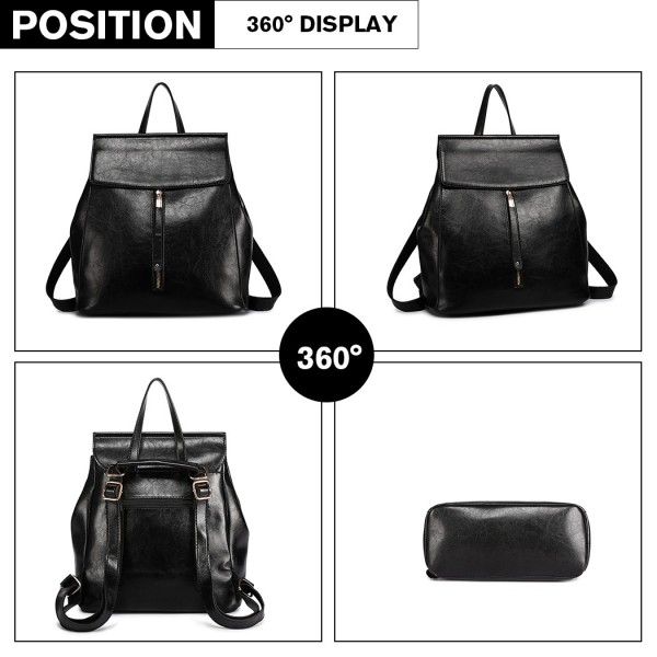 E6833 - MISS LULU Vintage Oil-Wax Faux Leather Backpack - Black