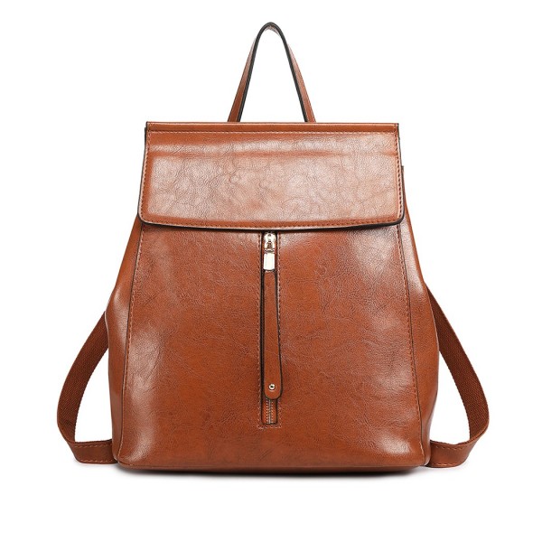 E6833 - MISS LULU Vintage Oil-Wax Faux Leather Backpack - Brown