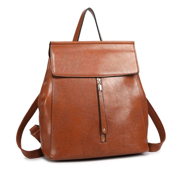 E6833 - MISS LULU Vintage Oil-Wax Faux Leather Backpack - Brown