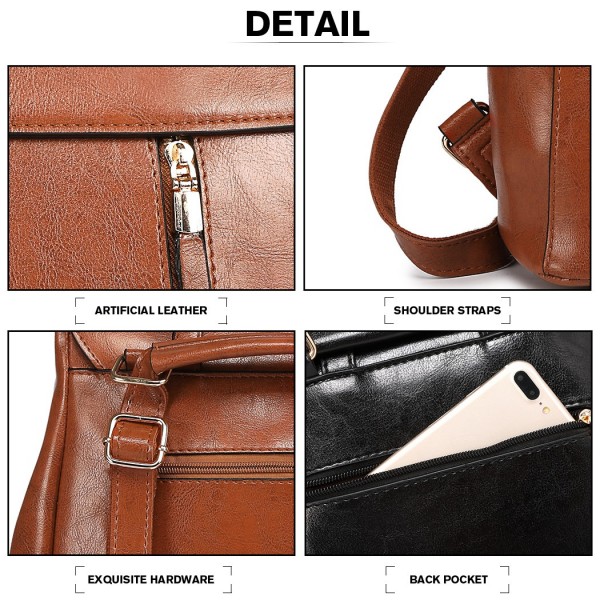 E6833 - MISS LULU Vintage Oil-Wax Faux Leather Backpack - Brown