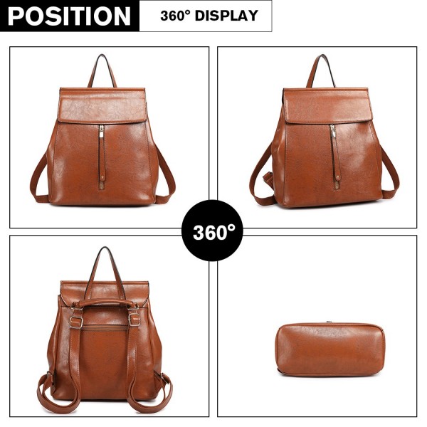E6833 - MISS LULU Vintage Oil-Wax Faux Leather Backpack - Brown
