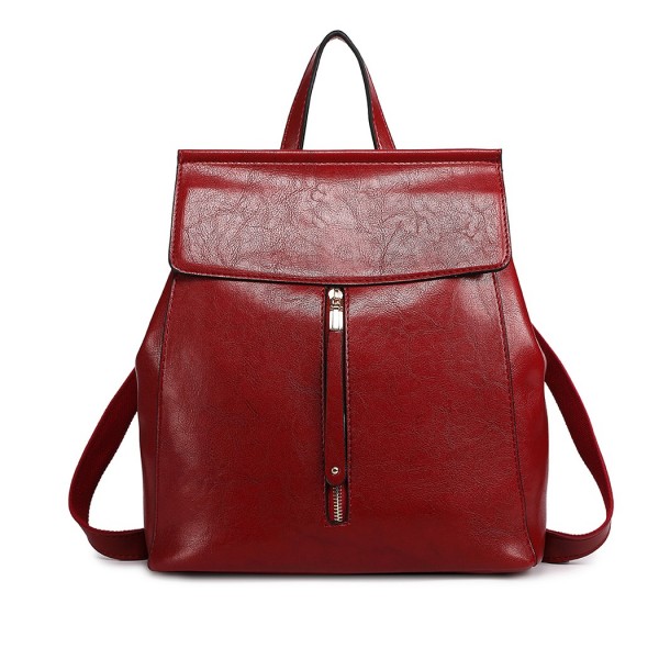 E6833 - MISS LULU Vintage Oil-Wax Faux Leather Backpack - Burgundy