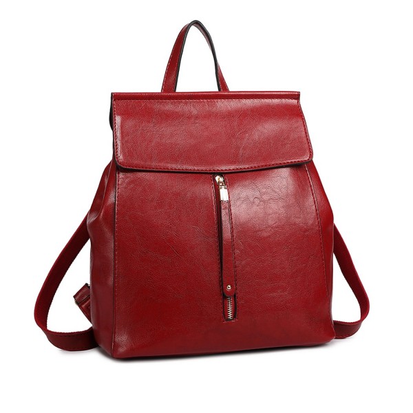 E6833 - MISS LULU Vintage Oil-Wax Faux Leather Backpack - Burgundy