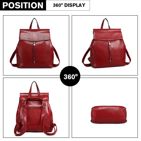 E6833 - MISS LULU Vintage Oil-Wax Faux Leather Backpack - Burgundy