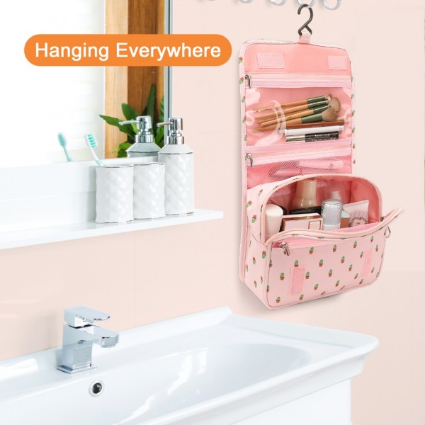 S2342C - Classic Hanging Multi-Pocket Waterproof Travel Makeup Bag With Cactus Pattern - Pink