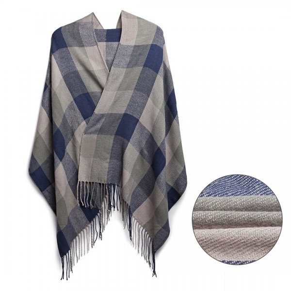 S6430 - Women Fashion Long Shawl Grid Tassel Winter Warm Lattice Large Scarf - Grey