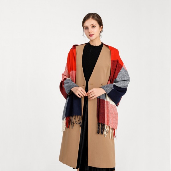 S6430 - Kobiety Moda Długi szal Grid Tassel Zimowy ciepły duży szalik w kratę - czerwony