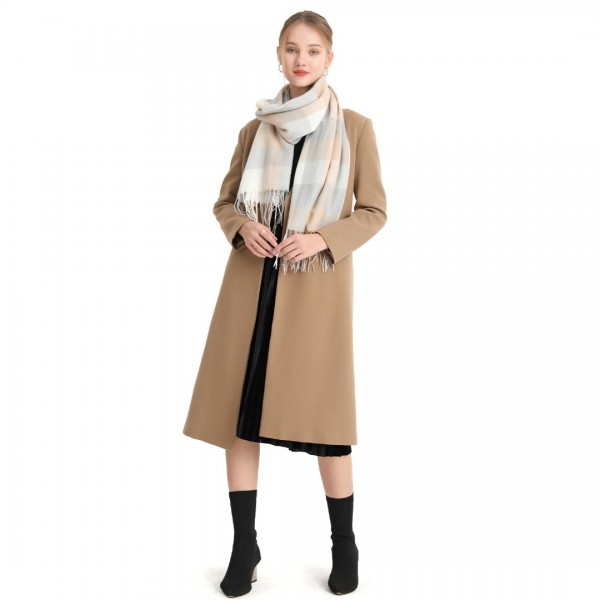 S6433 - Acrylic Fashion Women's Long Shawl Grid Tassel Winter Warm Oversized Scarf - Beige