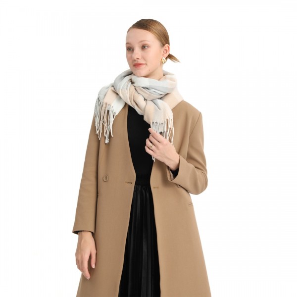 S6433 - Acrylic Fashion Women's Long Shawl Grid Tassel Winter Warm Oversized Scarf - Beige