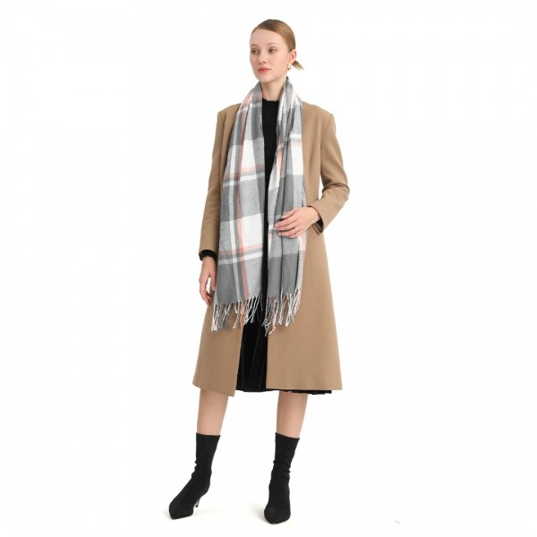 S6433 - Acrylic Fashion Women's Long Shawl Grid Tassel Winter Warm Oversized Scarf - Grey