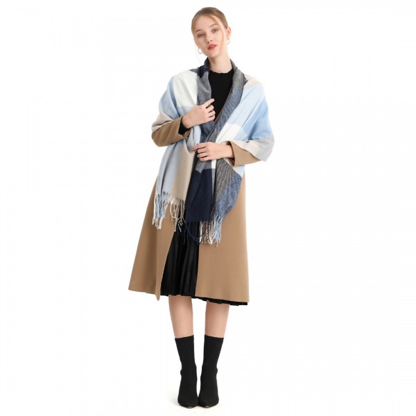 S6433 - Acrylic Fashion Women's Long Shawl Grid Tassel Winter Warm Oversized Scarf - Navy