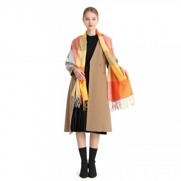 S6433 - Acrylic Fashion Women's Long Shawl Grid Tassel Winter Warm Oversized Scarf - Orange