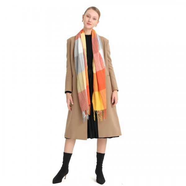 S6433 - Acrylic Fashion Women's Long Shawl Grid Tassel Winter Warm Oversized Scarf - Orange