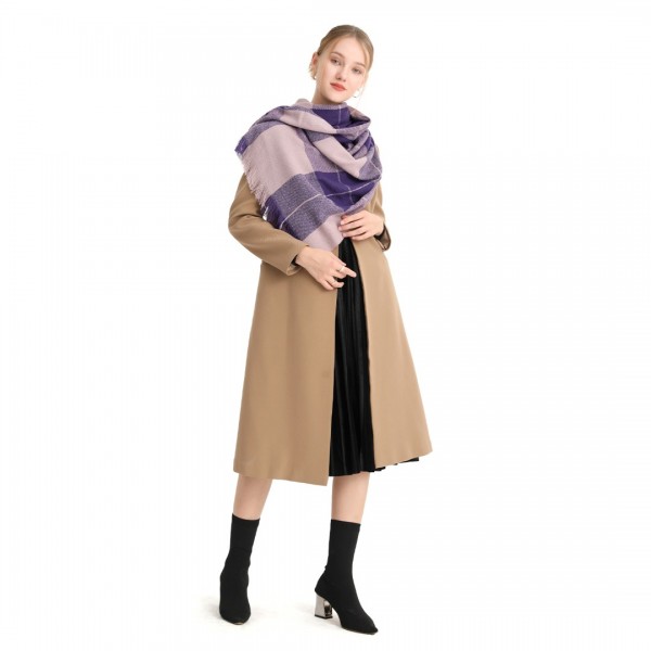 S6433 - Acrylic Fashion Women's Long Shawl Grid Tassel Winter Warm Oversized Scarf - Purple