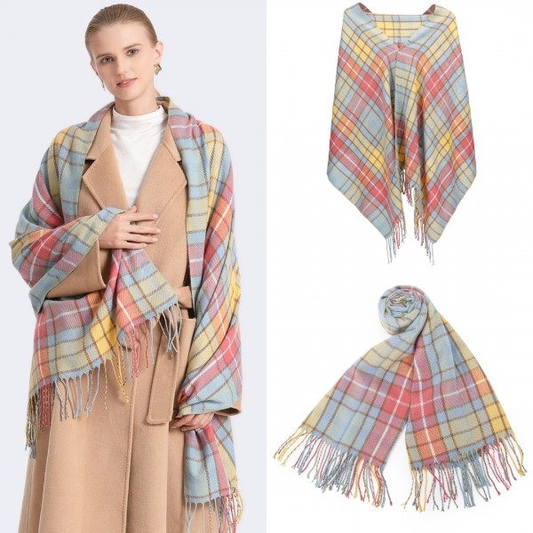 SFN4401 - Elegant Color Block Scarf with Fringe Detailing – Versatile Oversized Design - Rainbow