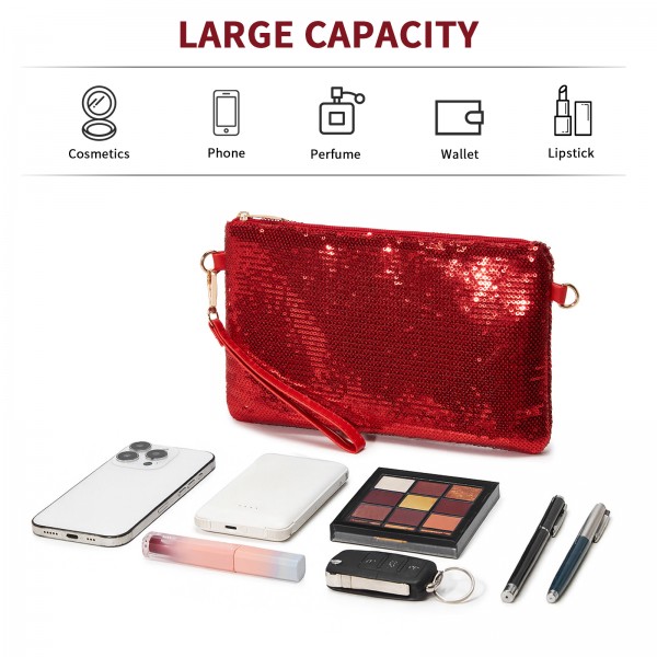 CLS2512 - Glam Sparkle Sequin Evening Clutch-Sleek, Shimmering Wristlet & Crossbody - Red