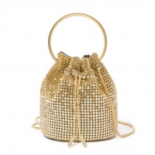 CLS2510 - Women's Rhinestone Evening Bag – Sparkly Handbag with Metal Ring Handle and Chain Crossbody Strap - Gold