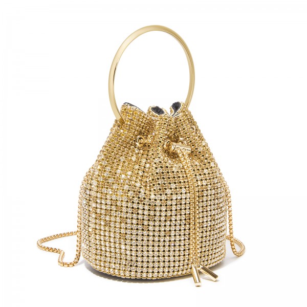 CLS2510 - Damen-Strass-Abendtasche - Glänzende Handtasche mit metallischem Ringgriff und Ketten-Umhängeriemen - Gold