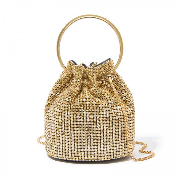 CLS2510 - Damen-Strass-Abendtasche - Glänzende Handtasche mit metallischem Ringgriff und Ketten-Umhängeriemen - Gold