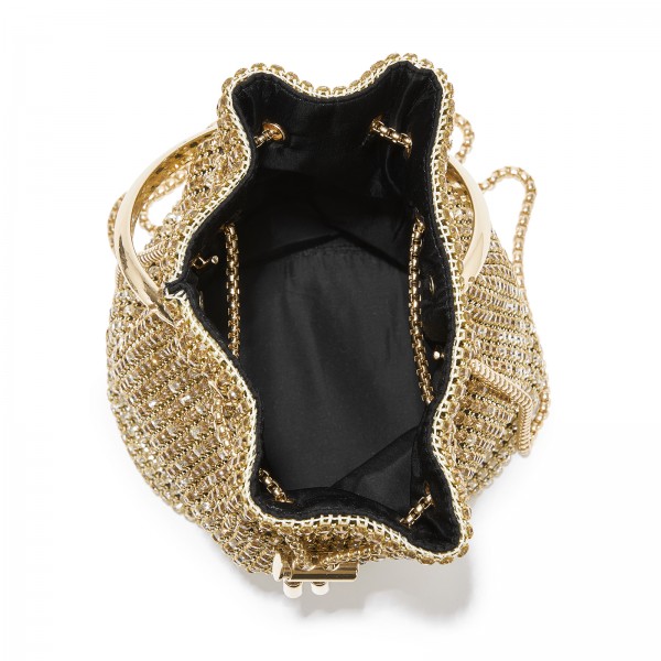 CLS2510 - Damen-Strass-Abendtasche - Glänzende Handtasche mit metallischem Ringgriff und Ketten-Umhängeriemen - Gold