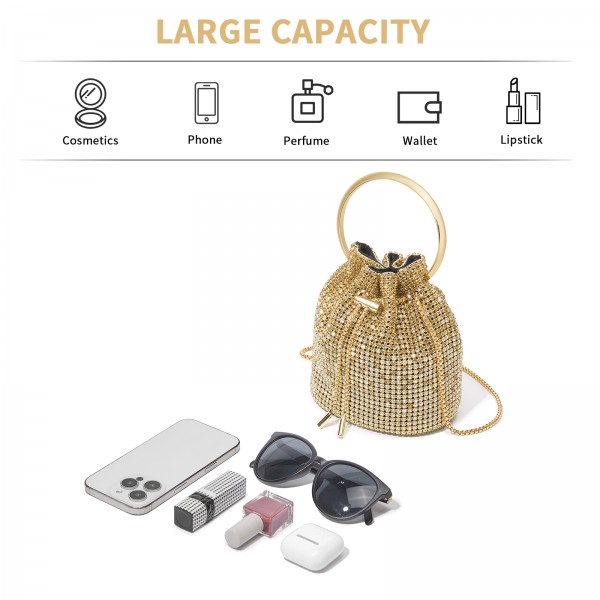 CLS2510 - Damen-Strass-Abendtasche - Glänzende Handtasche mit metallischem Ringgriff und Ketten-Umhängeriemen - Gold