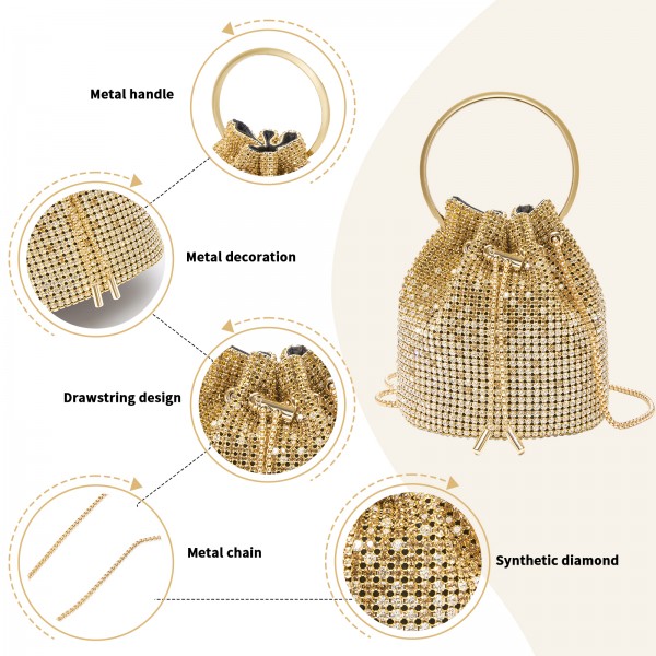 CLS2510 - Damen-Strass-Abendtasche - Glänzende Handtasche mit metallischem Ringgriff und Ketten-Umhängeriemen - Gold