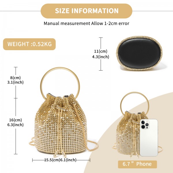 CLS2510 - Damen-Strass-Abendtasche - Glänzende Handtasche mit metallischem Ringgriff und Ketten-Umhängeriemen - Gold