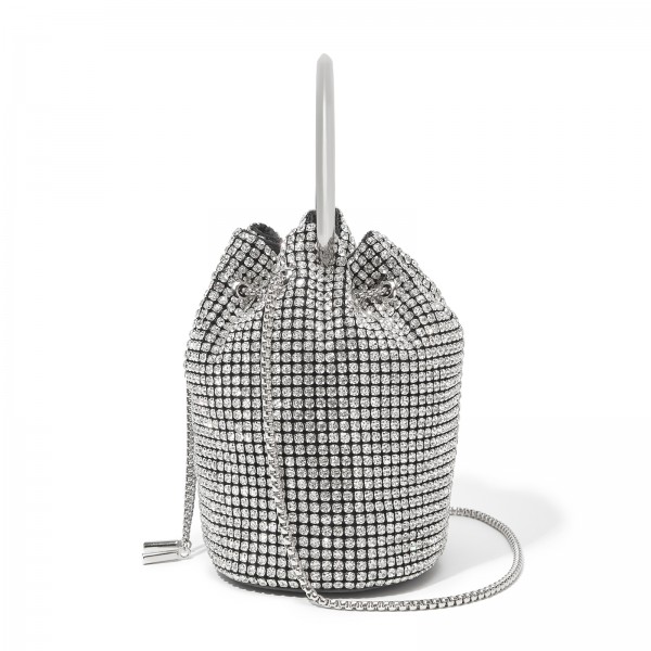 CLS2510 - Damen-Strass-Abendtasche - Glänzende Handtasche mit metallischem Ringgriff und Ketten-Umhängeriemen - Silber
