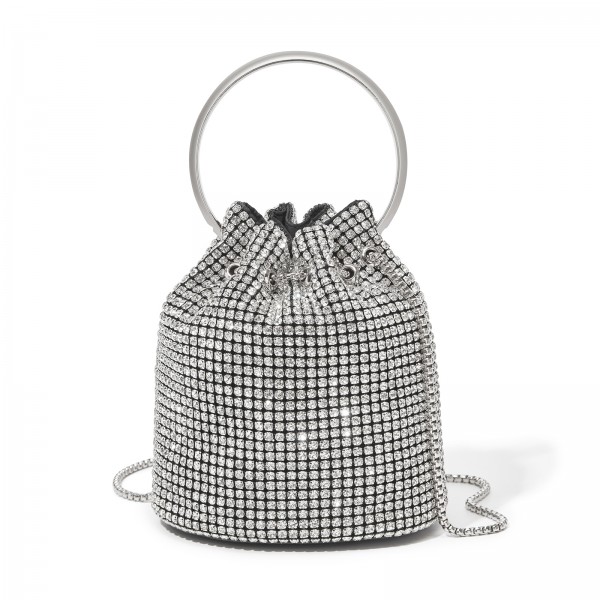 CLS2510 - Damen-Strass-Abendtasche - Glänzende Handtasche mit metallischem Ringgriff und Ketten-Umhängeriemen - Silber