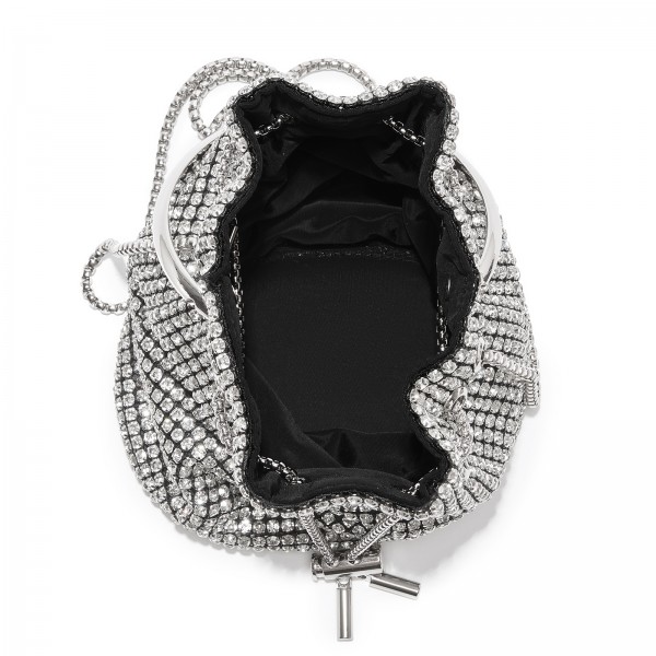 CLS2510 - Damen-Strass-Abendtasche - Glänzende Handtasche mit metallischem Ringgriff und Ketten-Umhängeriemen - Silber