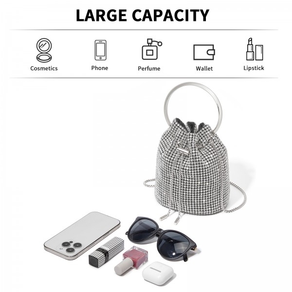 CLS2510 - Damen-Strass-Abendtasche - Glänzende Handtasche mit metallischem Ringgriff und Ketten-Umhängeriemen - Silber