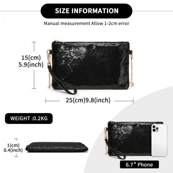CLS2512 - Glam Sparkle Sequin Evening Clutch-Sleek, Shimmering Wristlet & Crossbody - Black
