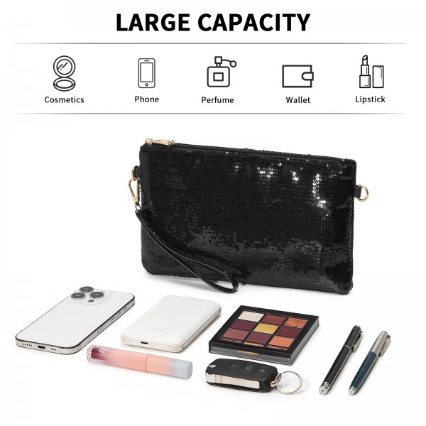 CLS2512 - Glam Sparkle Sequin Evening Clutch-Sleek, Shimmering Wristlet & Crossbody - Black