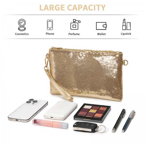 CLS2512 - Glam Sparkle Sequin Evening Clutch-Sleek, Shimmering Wristlet & Crossbody - Light Gold