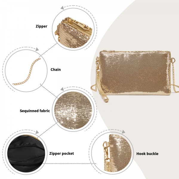 CLS2512 - Glam Sparkle Sequin Evening Clutch-Sleek, Shimmering Wristlet & Crossbody - Light Gold