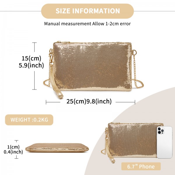 CLS2512 - Glam Sparkle Sequin Evening Clutch-Sleek, Shimmering Wristlet & Crossbody - Light Gold
