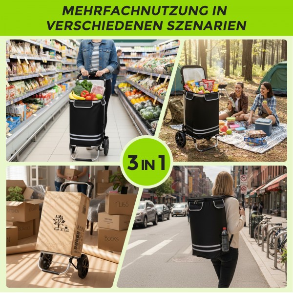 STO5546 - 3-in-1 Isolierter 56-L Einkaufswagen & Rucksack – Faltbarer Aluminiumrahmen mit Reflexstreifen - Schwarz