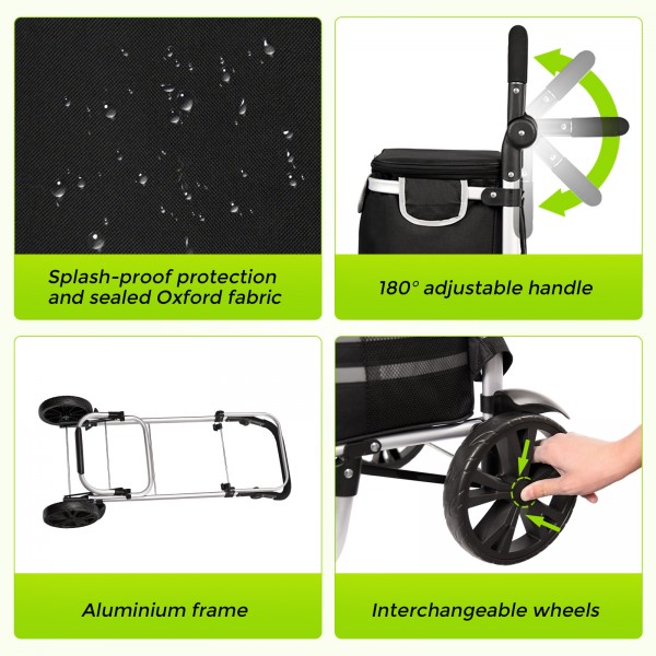 STO5546 - 3-in-1 Isolierter 56-L Einkaufswagen & Rucksack – Faltbarer Aluminiumrahmen mit Reflexstreifen - Schwarz