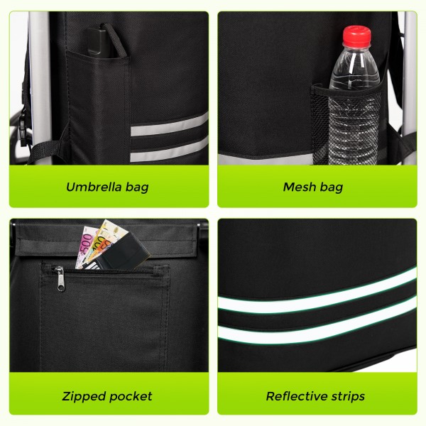 STO5546 - 3-in-1 Isolierter 56-L Einkaufswagen & Rucksack – Faltbarer Aluminiumrahmen mit Reflexstreifen - Schwarz