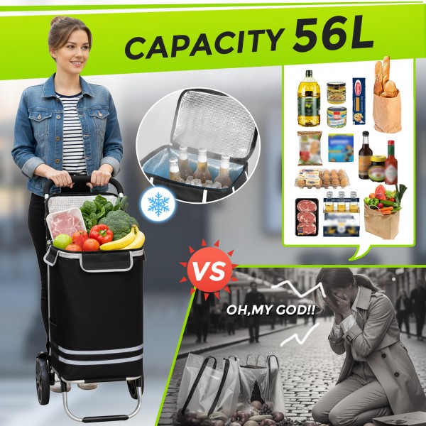 STO5546 - 3-in-1 Isolierter 56-L Einkaufswagen & Rucksack – Faltbarer Aluminiumrahmen mit Reflexstreifen - Schwarz