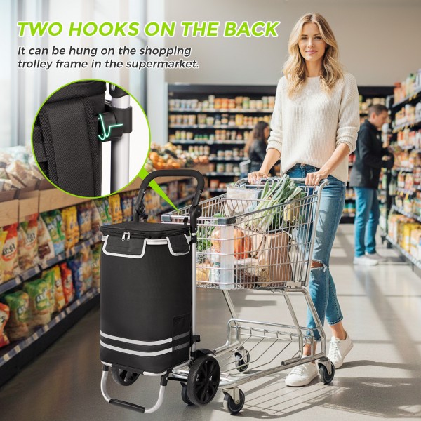 STO5546 - 3-in-1 Isolierter 56-L Einkaufswagen & Rucksack – Faltbarer Aluminiumrahmen mit Reflexstreifen - Schwarz