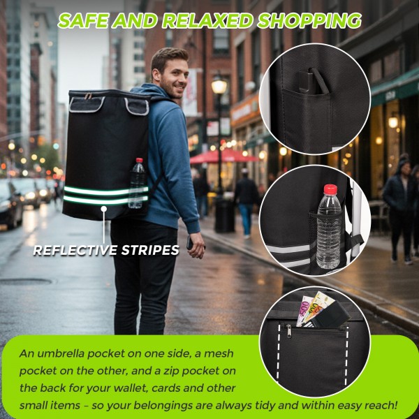 STO5546 - 3-in-1 Isolierter 56-L Einkaufswagen & Rucksack – Faltbarer Aluminiumrahmen mit Reflexstreifen - Schwarz